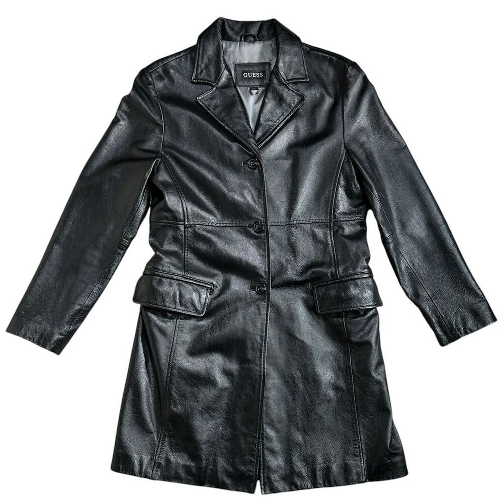 Vintage GUESS Women's Black Leather Trench Coat Jacket Size M Long Button Close